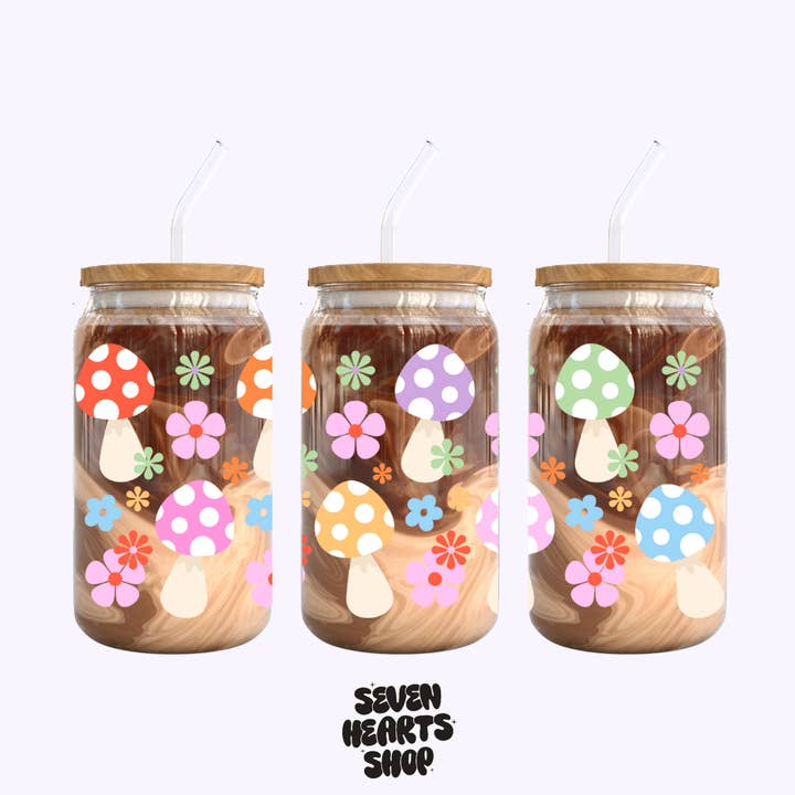 Seven hearts shop - Wholesale Drinking Glass/Cup - Groovy Mushroom 16oz Glass Cup0