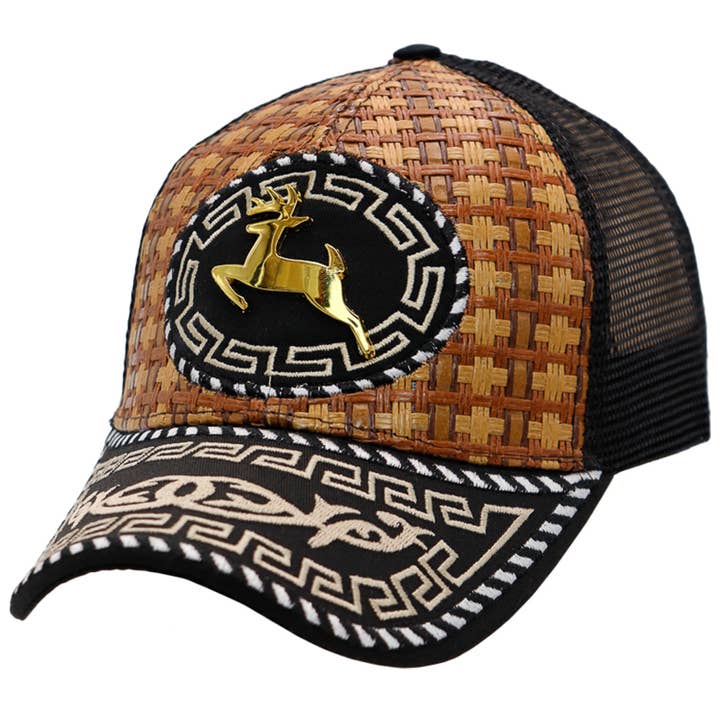 Cap Zone - Wholesale Trucker Hat - Unisex - Deer Gold Emblem Traditional Charra Woven Straw Trucker Hat