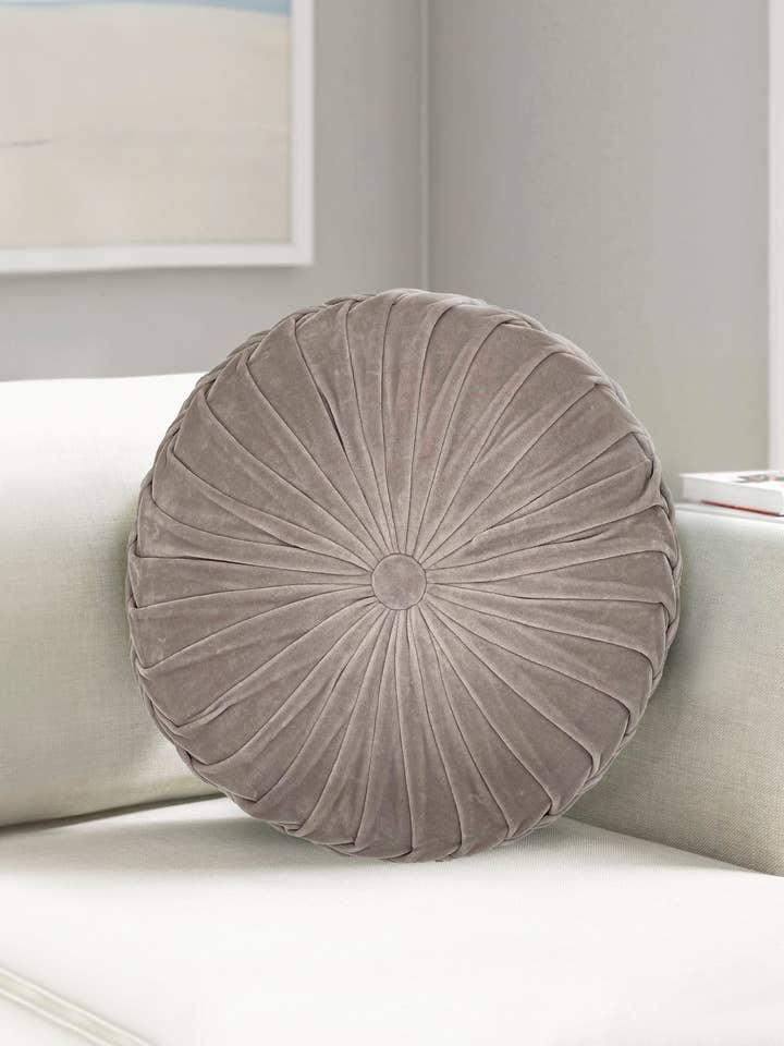 Button Tufted 16"Round Velvet Decorative Pillow Silver Cloud for wholesale by Mod Lifestyles