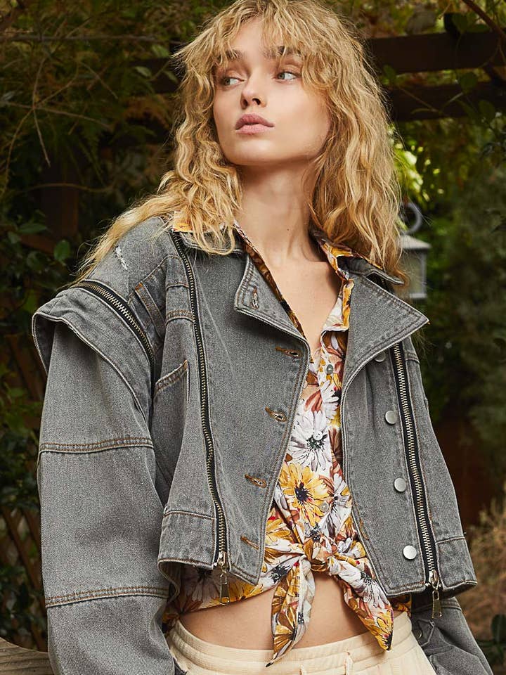 Pol Clothing - Wholesale Denim Jacket - Women's - Oversized denim jacket with zipper detail