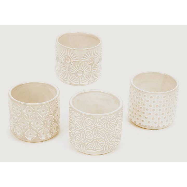 Will's Company - Wholesale Plant Pot - Ceramic Pots with Embossed Design, Ivory in 4 styles - 3"