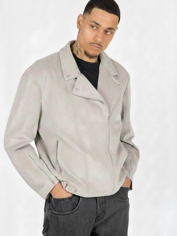 Rider Suede Biker Jacket in Stone for wholesale by LIQUOR N POKER