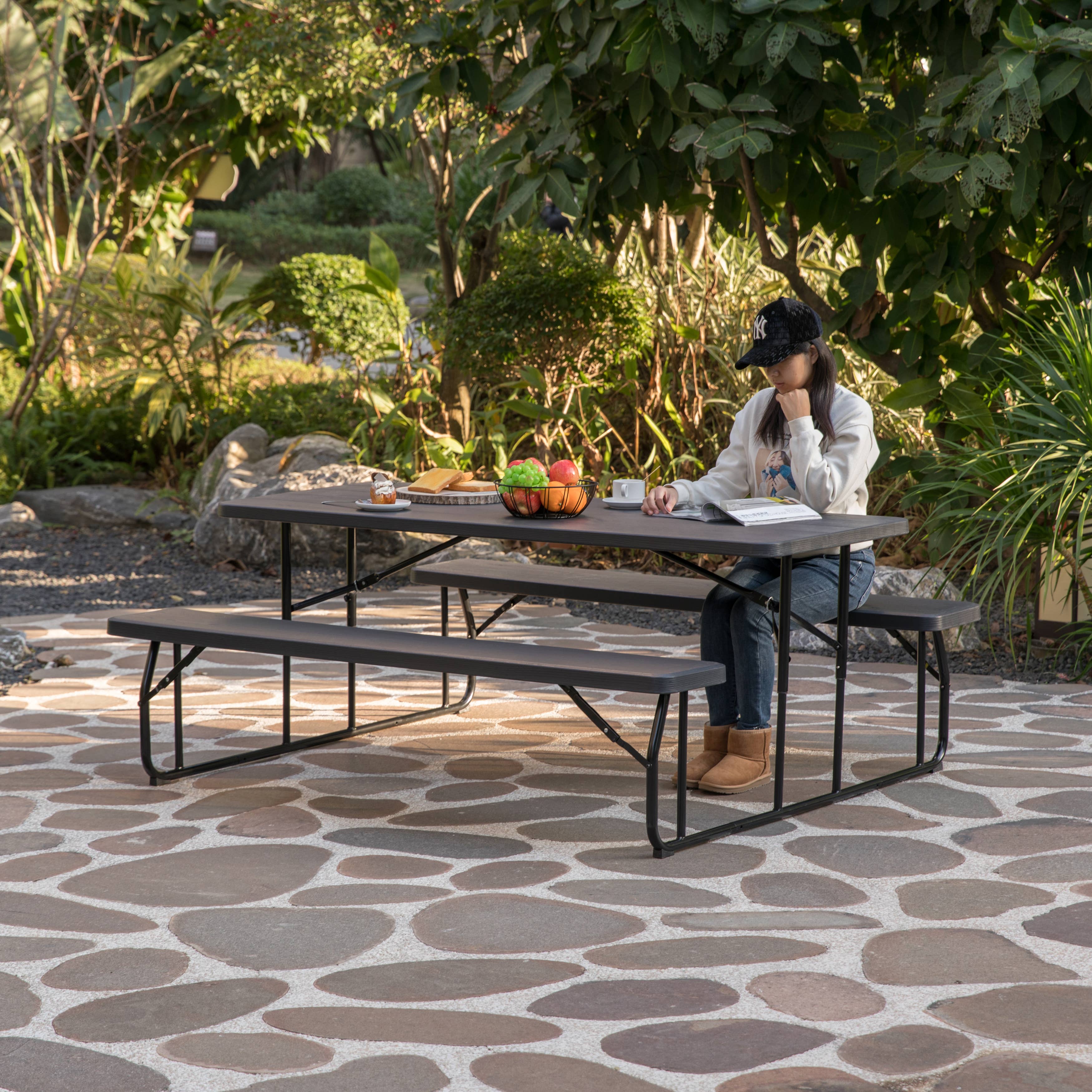 Quickway Imports - Vente Salon de terrasse - Set de table de pique-nique pliable extérieur effet bois avec structure métallique9