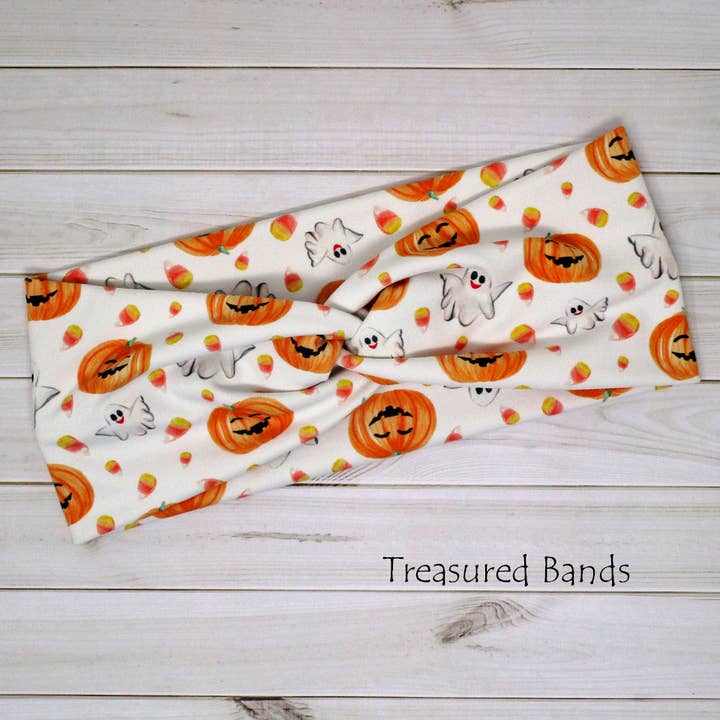 Pumpkins and Ghosts Halloween Knit Twist Headband for wholesale by Treasured Haven