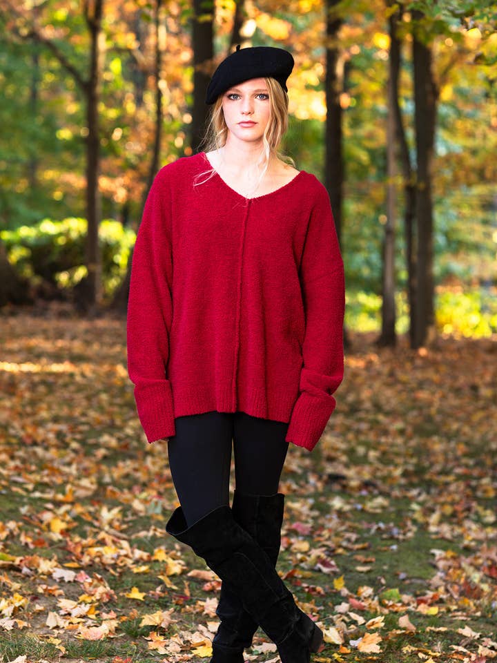 Exposed Seams, Dropped shoulder LS V-Neck Chenille Sweater for wholesale by House of Marcel Apparel