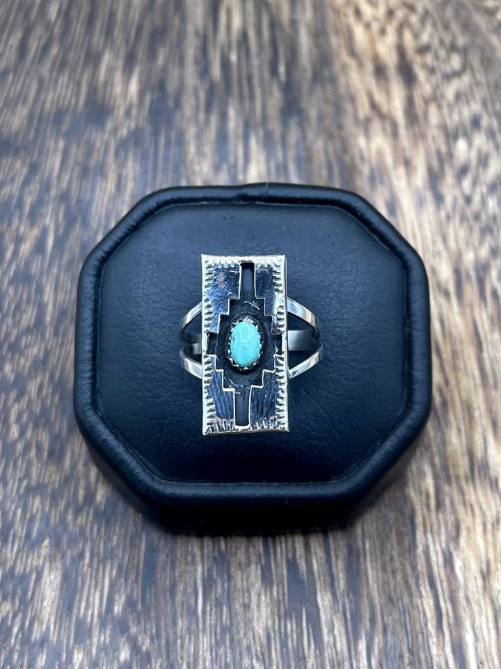 Infödd amerikansk Navajo handgjord silverring med skuggbox och turkos av Felix Perry för wholesale av Native City Jewelry