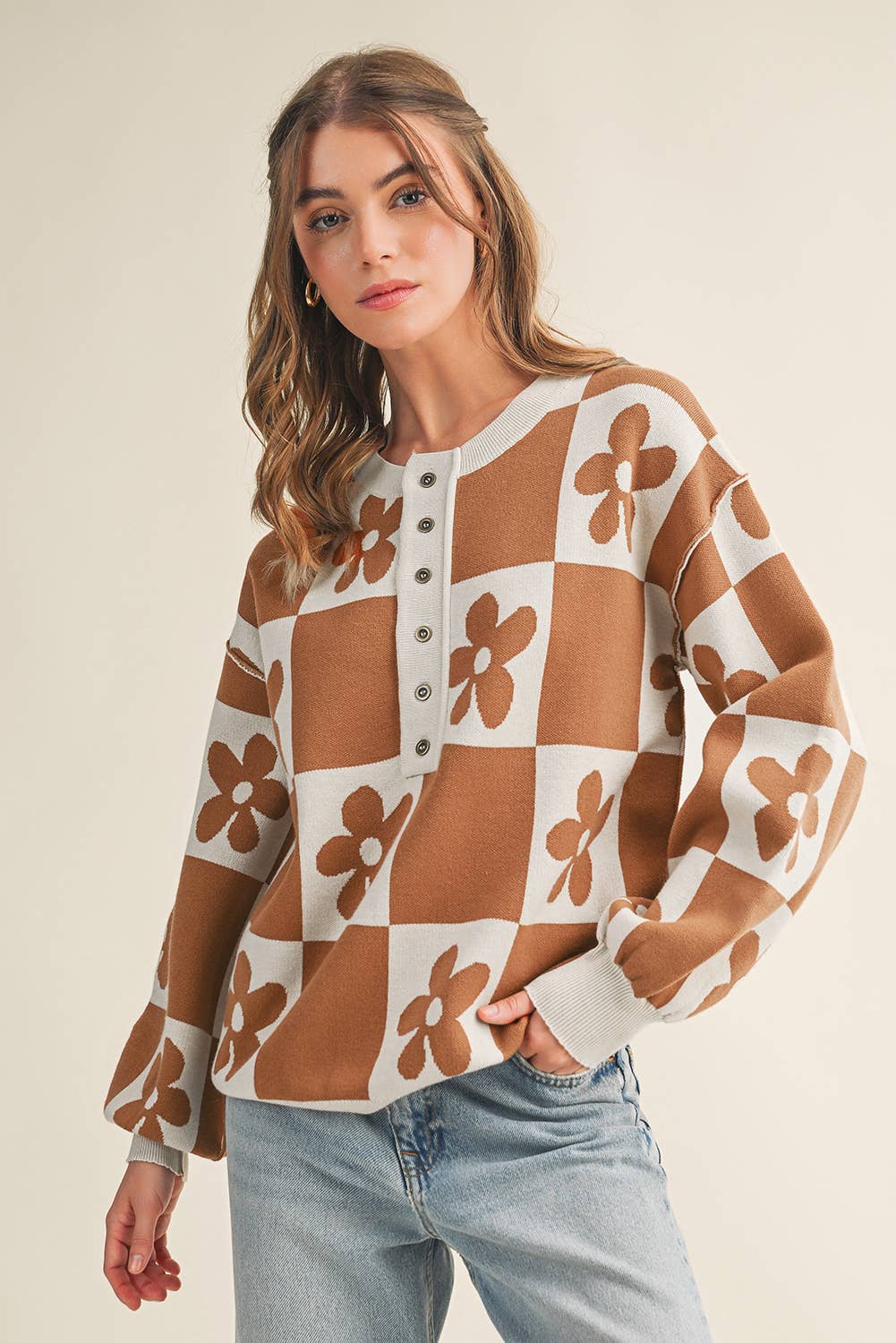 Aapparella - Vente Pull en maille – femme - Cardigan à boutons avec blocs de couleur à carreaux et fleurs | S-XL9