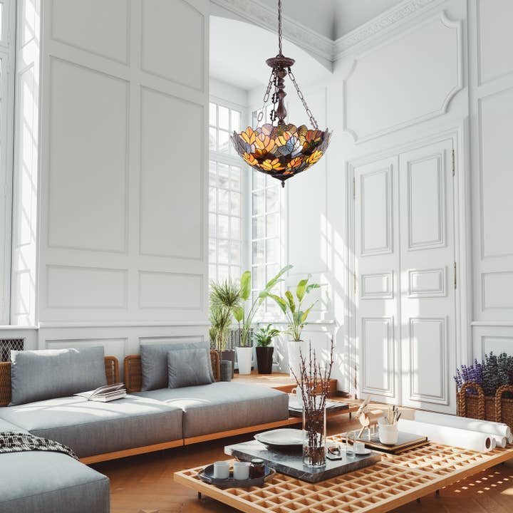 18"W Colorful Maple Multicolor Stained Glass Bowl Pendant for wholesale by River of Goods