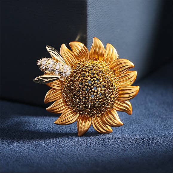 E-139 Gold CZ Crystal Bee Sunflower Wedding Brooch Pins for wholesale by Gaia Fashion Inc