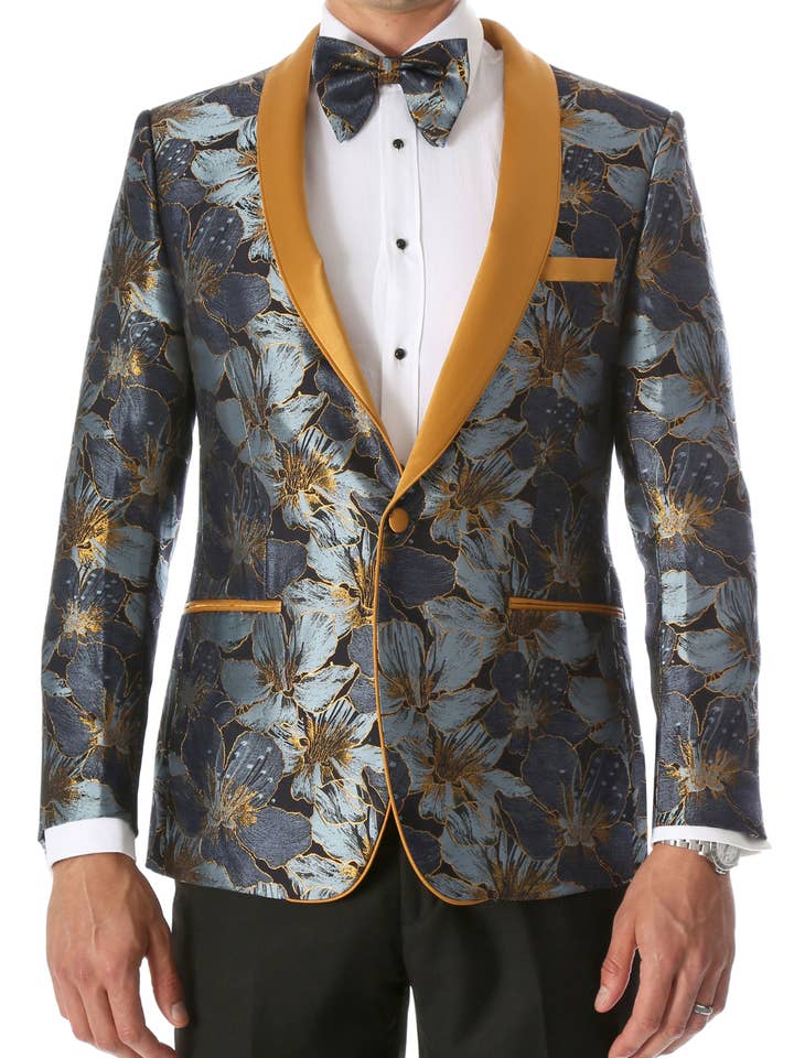 Men's Blue Hugo Floral Modern Fit Shawl Collar Tuxedo Blazer for wholesale by Ferrecci