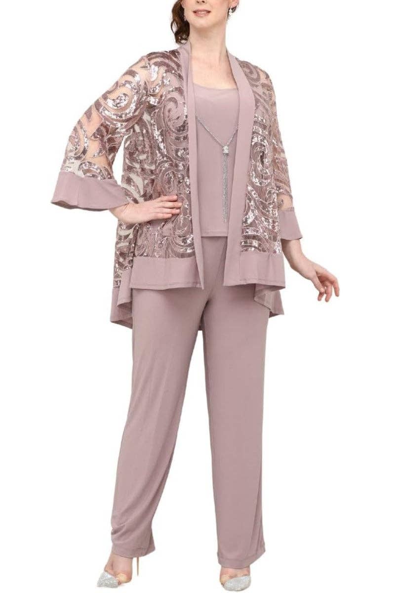Immediate Apparel - Wholesale Suit Set - Women's - R&M Richards Scoop Neckline Top Sequin Jacket Straight Hemline Pant Suit Set Dress with Detachable Necklace3