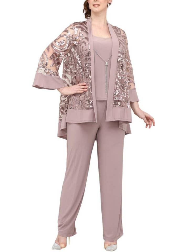 Immediate Apparel - Wholesale Suit Set - Women's - R&M Richards Scoop Neckline Top Sequin Jacket Straight Hemline Pant Suit Set Dress with Detachable Necklace3
