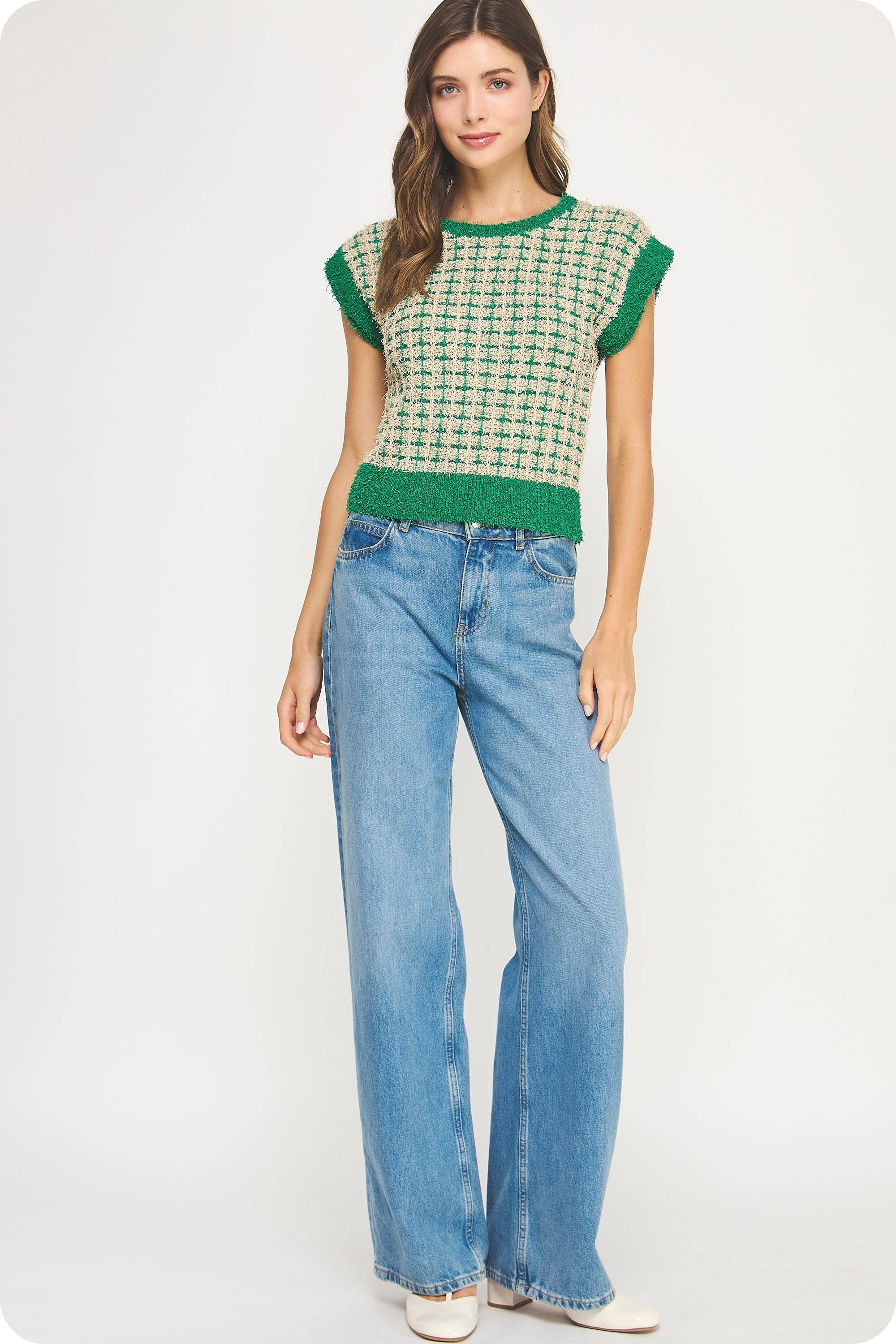 Strut & Bolt - Wholesale Blouse - Women's - Sleeveless Check Tweed Knit Sweater Top9