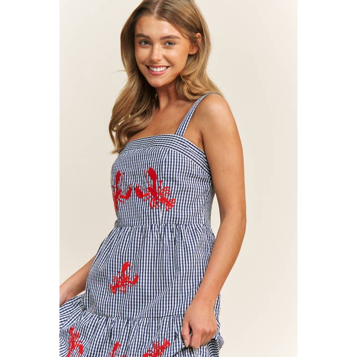 Bleu Multi ROBE MIDI À VOLANTS EN GINGHAM AVEC BRODERIE DE JOLI HOMARD en vente sur Faire1