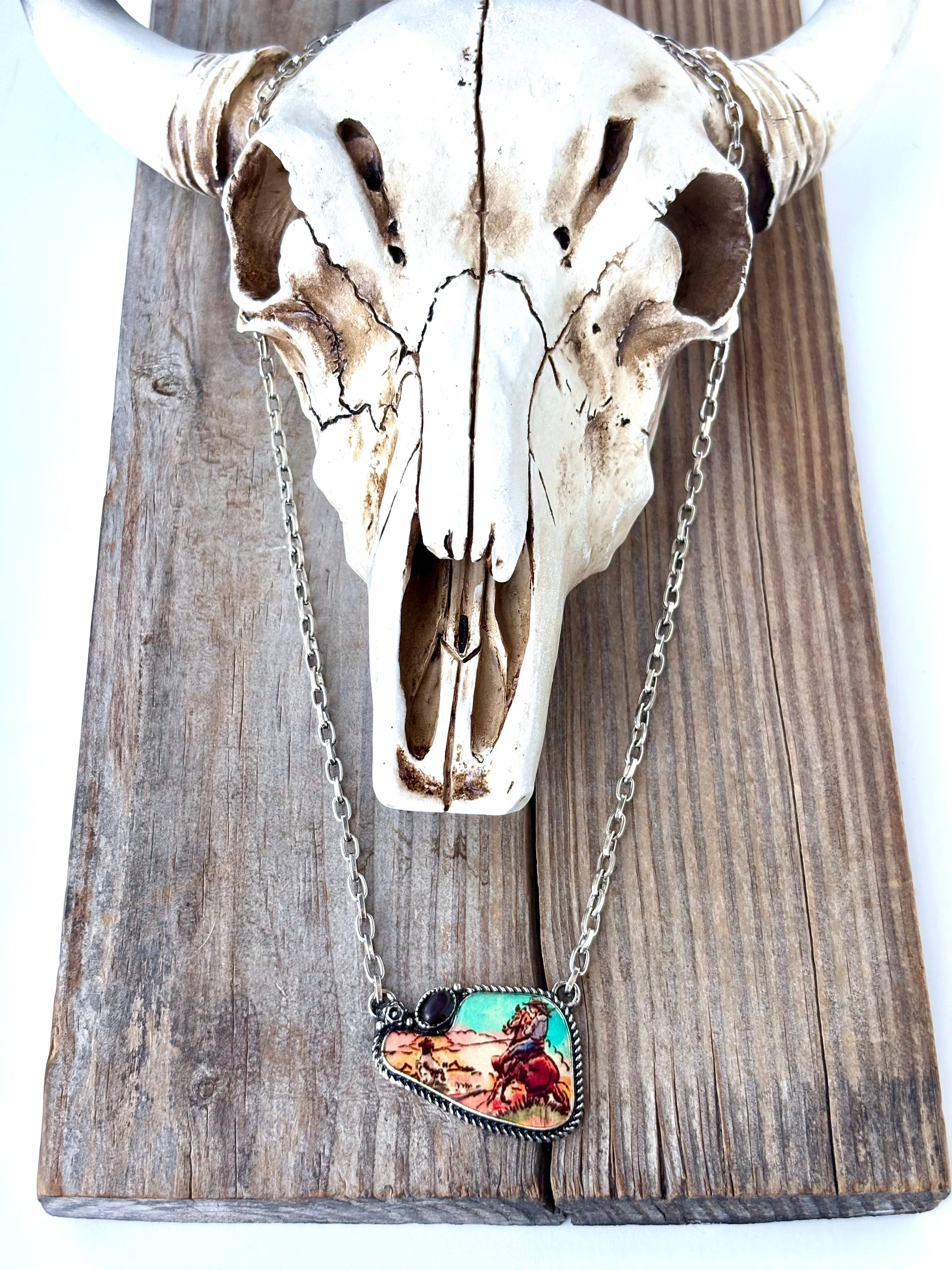 Boho Ranch Shop - Wholesale Pendant/Charm Necklace - Western Rodeo Scenery with Stone Pendant Necklace1