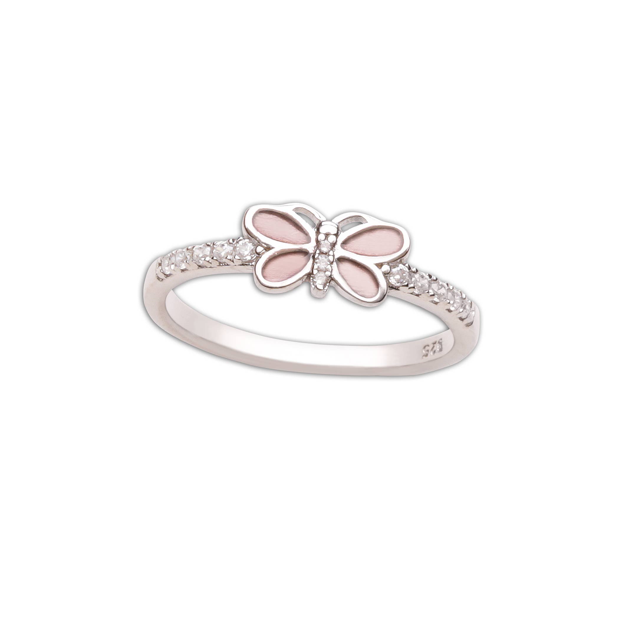 Cherished Moments - Wholesale Band/Stacked Ring - Kids Sterling Silver Pink Butterfly Baby Ring with CZs2