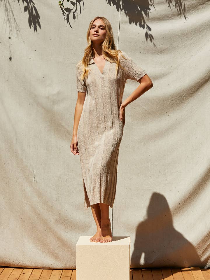 TAUPE CD9178 - Edie Ribbed Sweater Knit Polo Dress for wholesale on Faire5