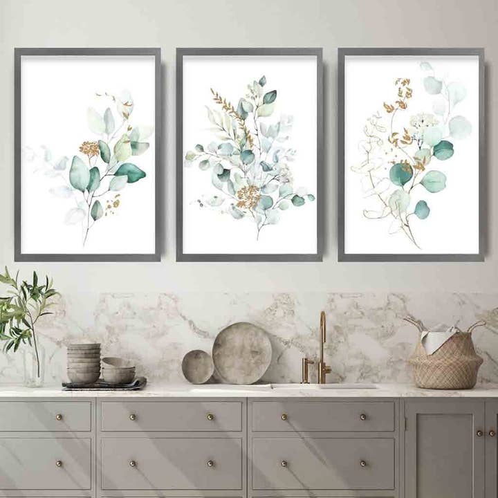 BOTANICAL Set di 3 stampe eucalipto blu verde e oro per la vendita all'ingrosso da parte di Artze Wall Art