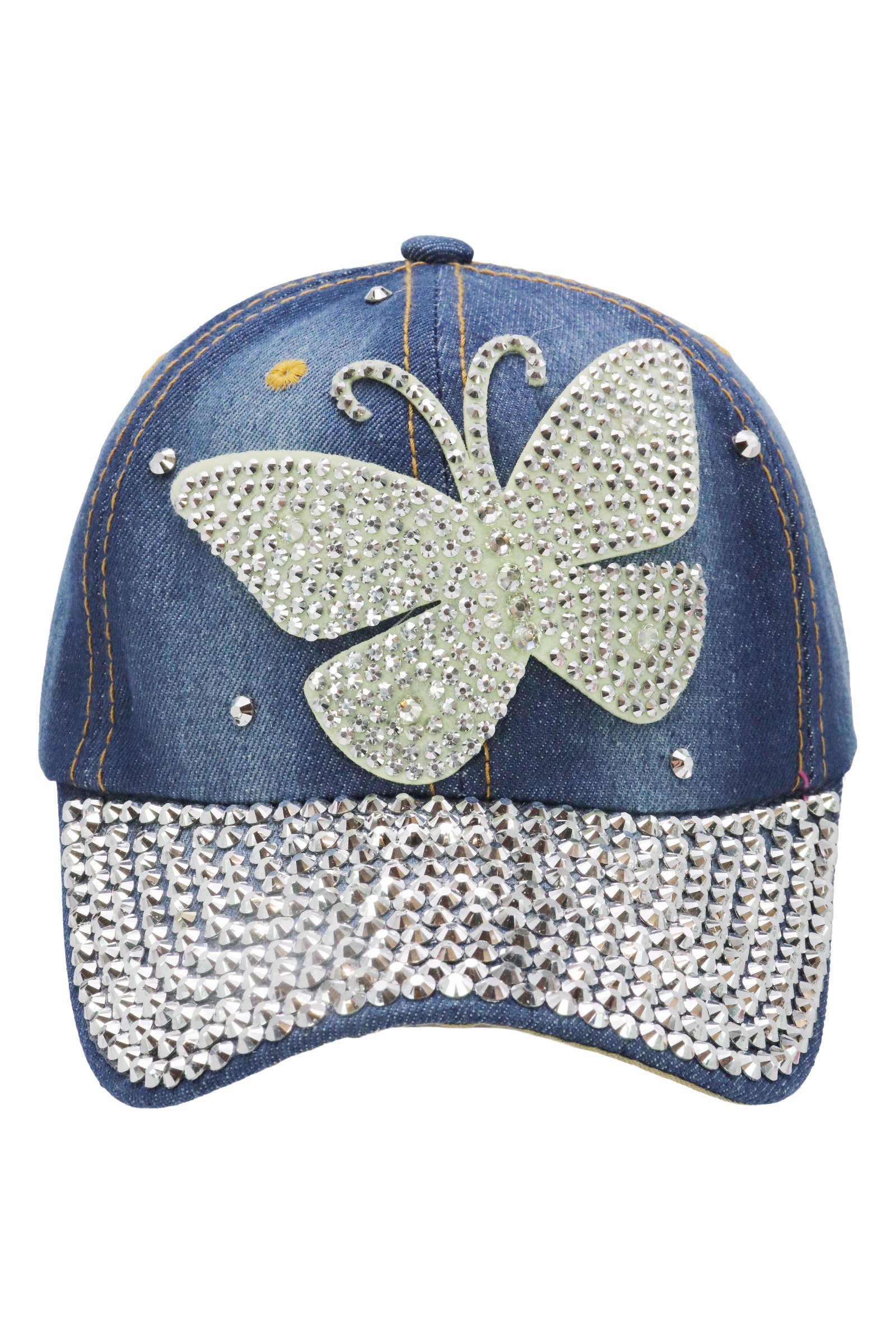 Cap Zone - Wholesale Baseball Cap - Women's - Butterfly Bling Rhinestone Denim Blue Baseball Cap4