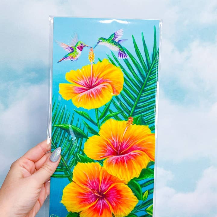 Hibiskus målning | Färgglad hibiskuskonst | Kolibri konst för wholesale av Chelzart
