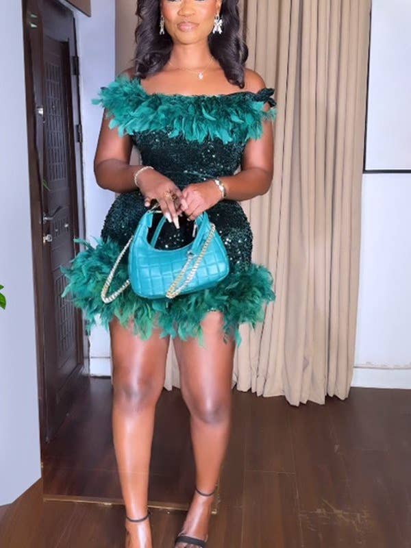 Aria Romance - Wholesale Dress - Women's - One-Shoulder Feather Trim Wrap Dress