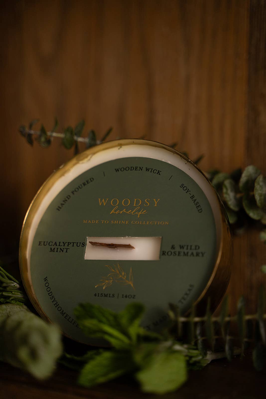 Woodsy Homelife – wholesale Jar/filled candle – Eucalyptus Mint & Wild Rosemary | Brass 14oz Pure Soy Candle3