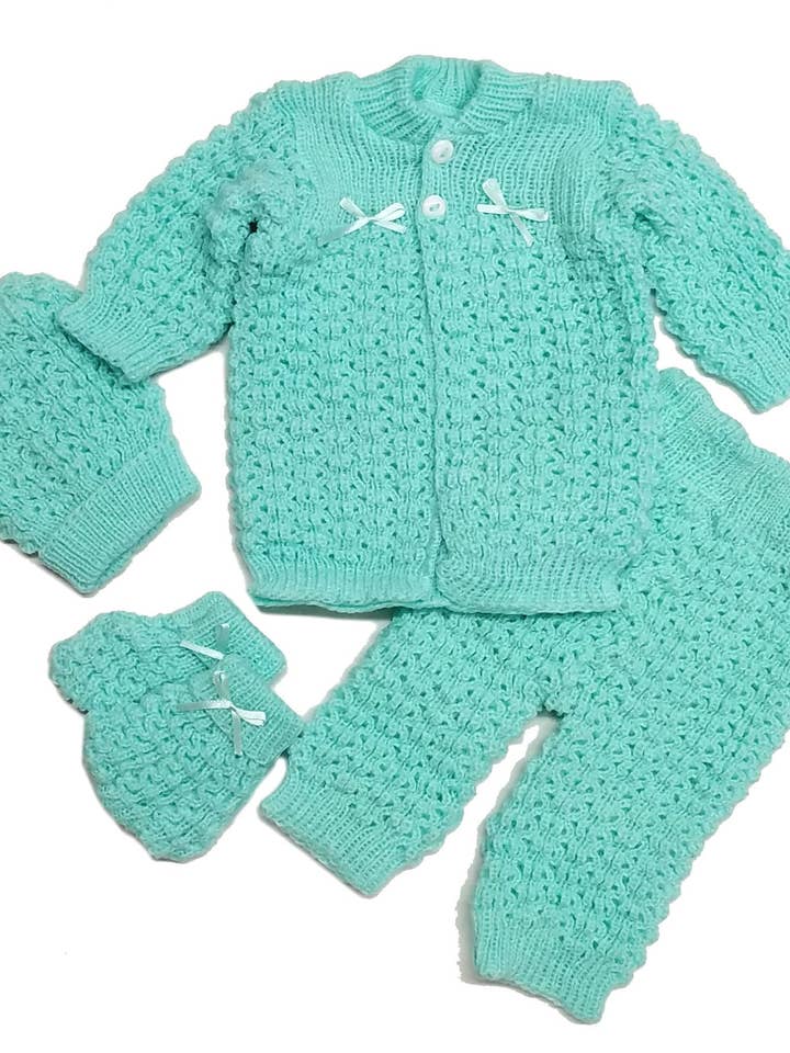 b-one inc - Wholesale Clothing Set - Baby - Wholesale Newborn Crochet Girl Pink Hat Cardigan Sweater Pants Booties 4 Piece Outfit Set1