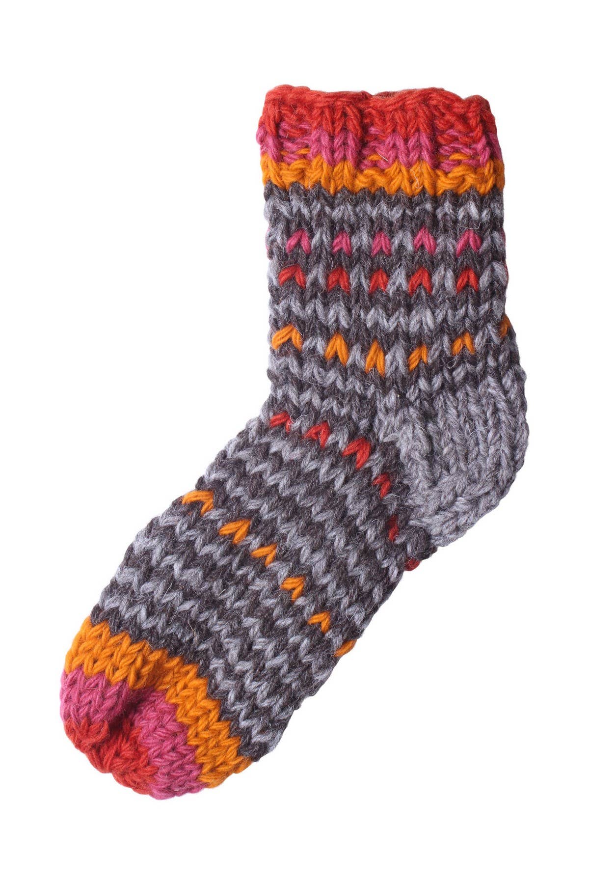 Écorce/Terre Arica - Chaussettes de canapé en laine tricotées à la main, rayées marron et rouge en vente sur Faire5