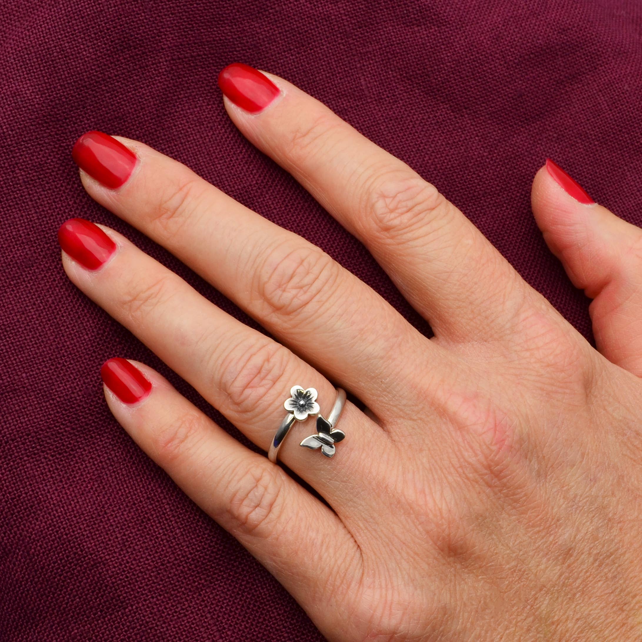 Nina Designs - Wholesale Cocktail/Statement Ring - Sterling Silver or Bronze Butterfly & Flower Adjustable Ring2