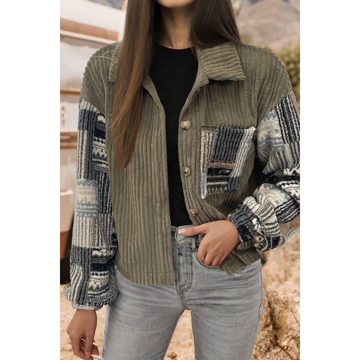 Fashion Ribbed Fleece Plaid Print Patchwork Button Up Jacket for wholesale by fashionworks