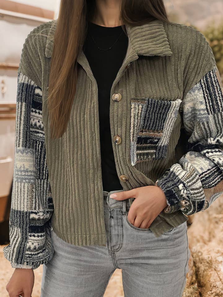 Fashion Ribbed Fleece Plaid Print Patchwork Button Up Jacket for wholesale by fashionworks