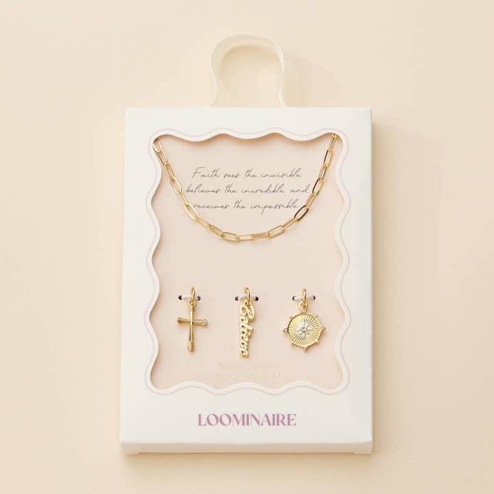 Cross, Believe, and Compass Gold Dipped 18K Charms Necklace for wholesale by Lilla Haven