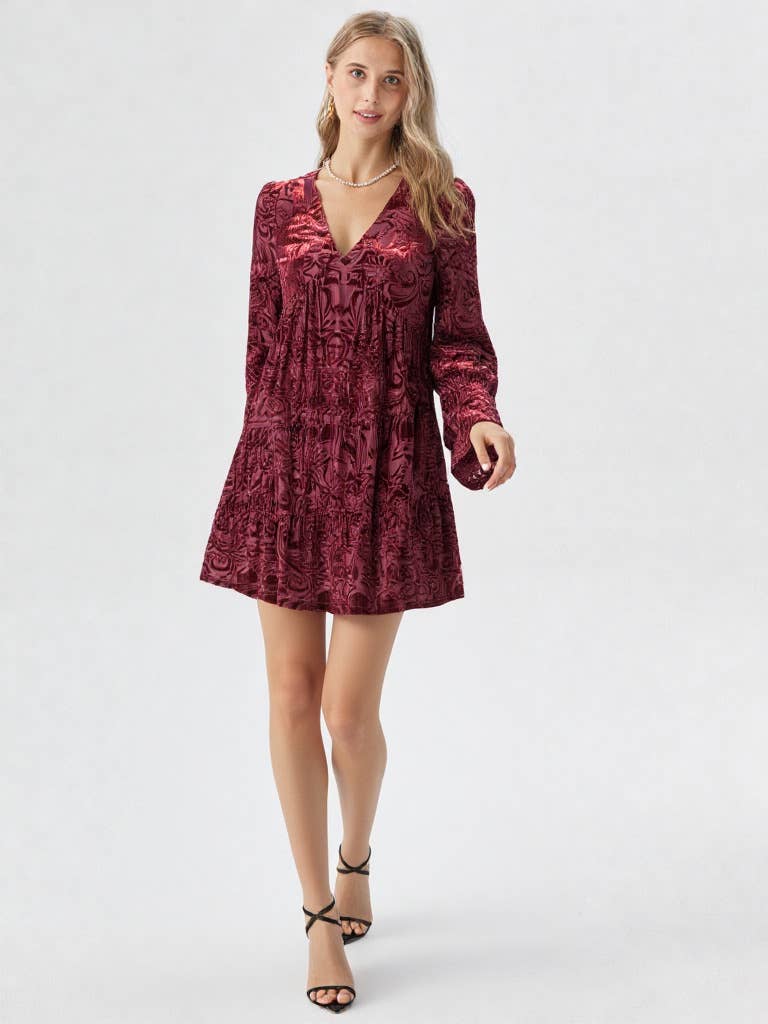 VERY J - Wholesale Dress - Women's - ND31023-Deep V-neck Jacquard Velvet Holiday Mini Dress10