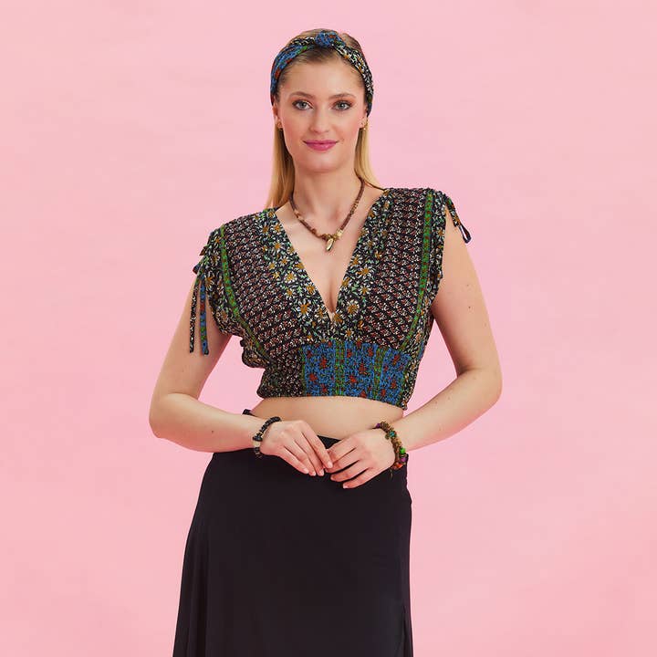 Deep V Neck Waist Gipel Navy Blue Floral Blouse for wholesale by Los Banditos