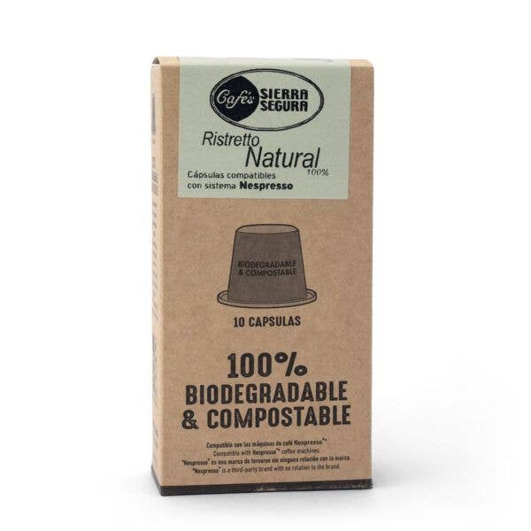 100% compostable RISTRETTO NATURAL COFFEE CAPSULES for wholesale by CAFES SIERRA SEGURA SL
