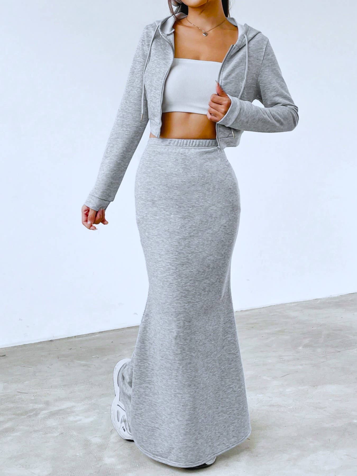 Grey Stylish Hooded Sweatshirt With Hip Maxi Skirt Two-Piece Set for wholesale on Faire3