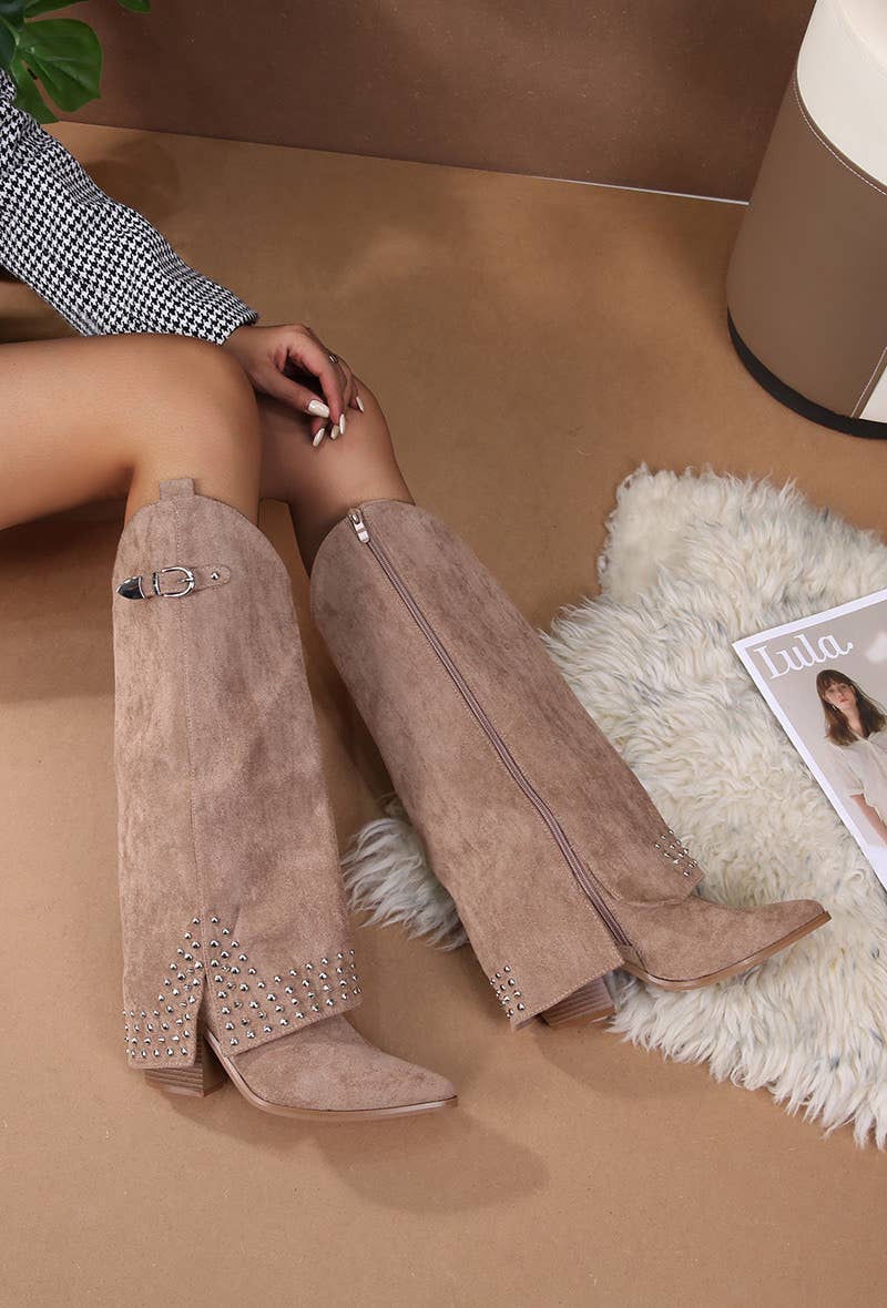 BELLICY / Cink-me - Wholesale Cowboy Boots - Women's - Suede cowboy boots with scalloped edge apron, QT07-821