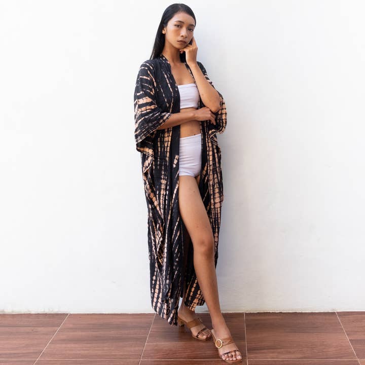 Bata de playa tipo bikini para cubrir kimono con efecto anudado (color melocotón negro) para venta al por mayor de Bali Harvest