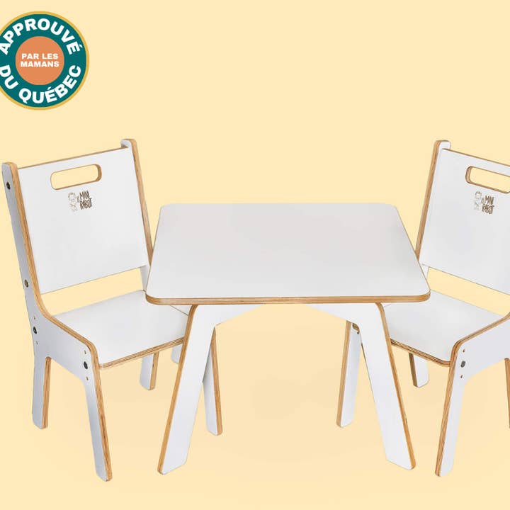 Expandable table and chair set in wood for children - The Mini Curious for wholesale by Printink Canada