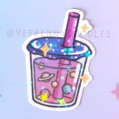 Space Boba - Sticker (Holographic Sparkle) for wholesale by Yeppenny Doodles LLC