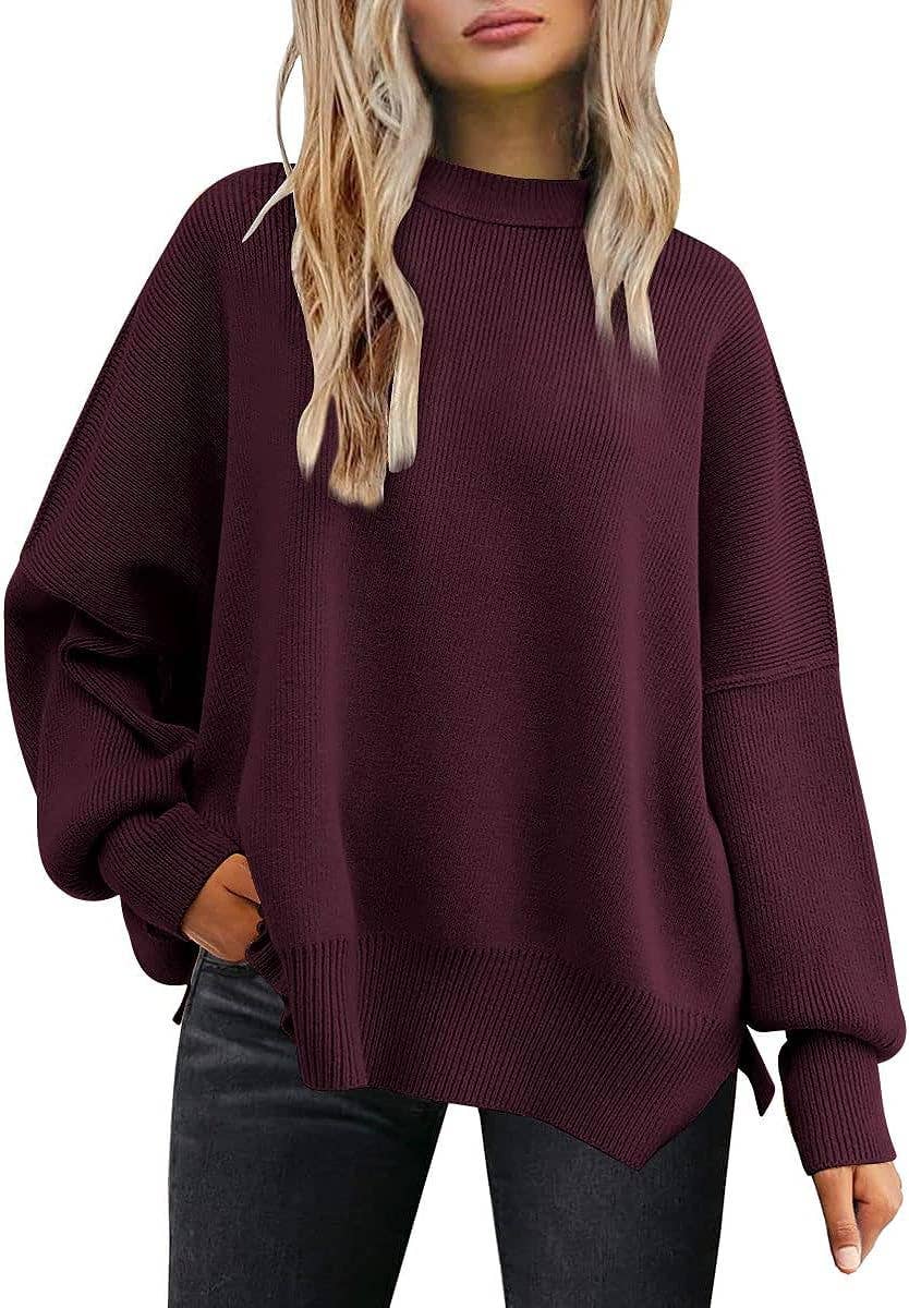 HIDDENBRAND - Wholesale Knit Sweater - Women's - Crewneck Batwing Long-Sleeved Slit Sweater1
