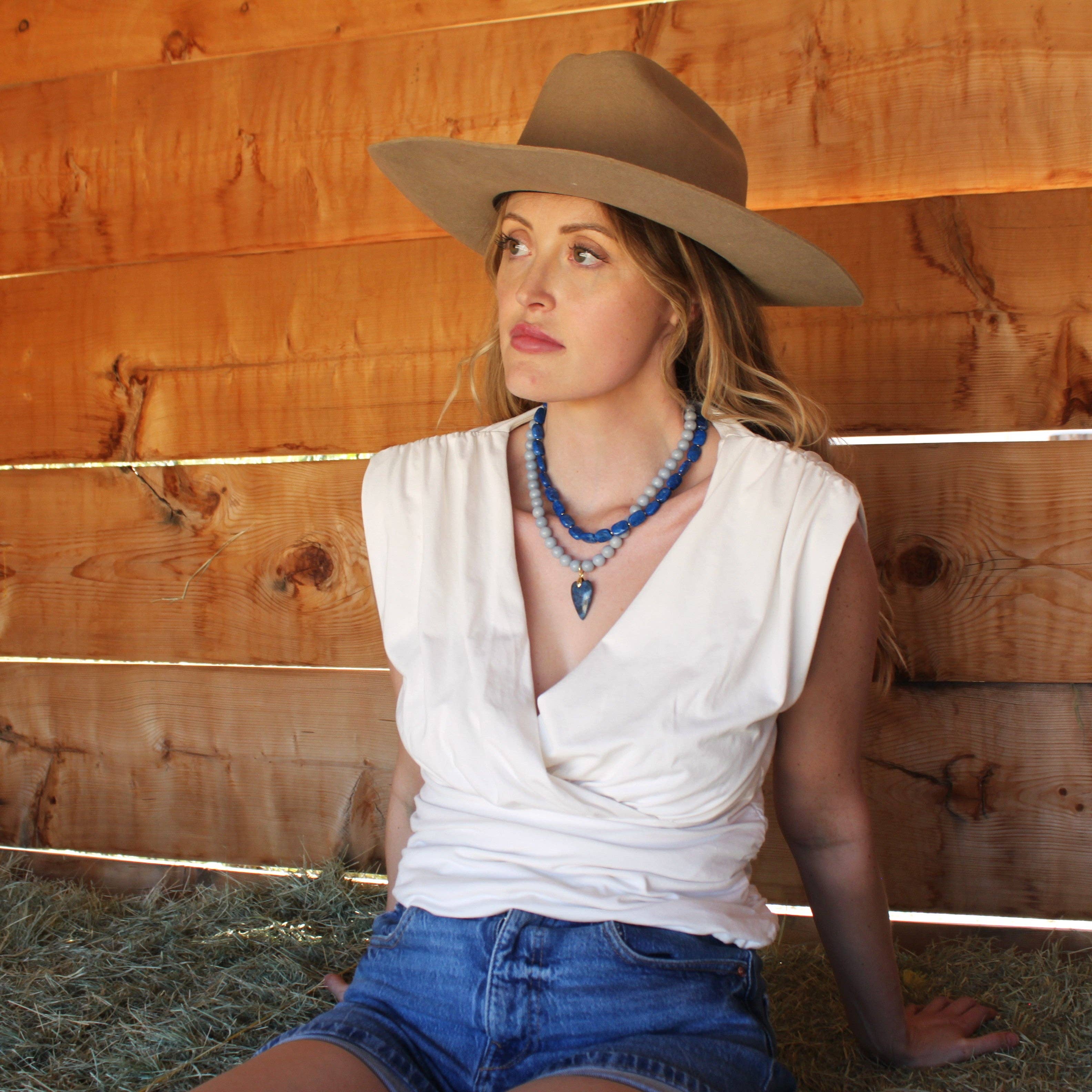 The Silver Wren – wholesale Beaded/pearl necklace – Denim Heart Beaded Necklace - Handmade Jewelry1