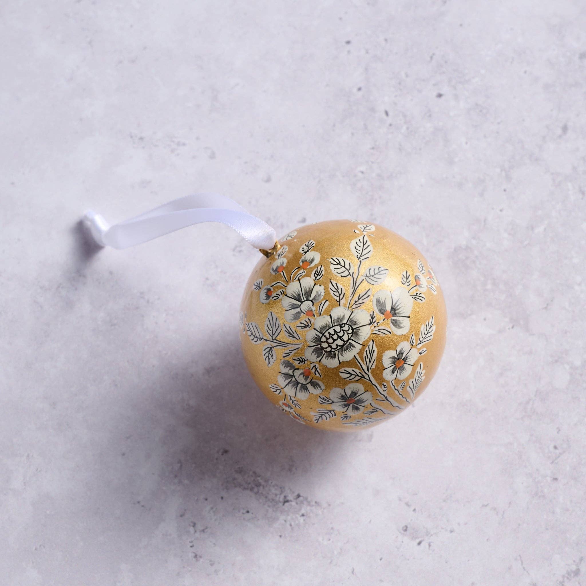 Ten Thousand Villages - Wholesale Ornament - Painted Gold Florals Paper Mache Ball Ornament2