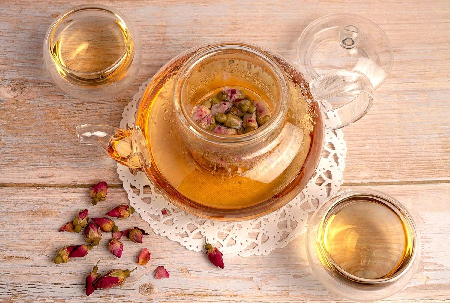 Moss & Stone - Wholesale Tea Pot - Glass 27oz Tea Kettle Infuser & 4 Tea Cups Gift Set, Borosilicate Glass Teapot With Removable Glass Strainer & Teacups Of 2.7 oz, Teapot With Strainer Microwave Safe Tea Maker7