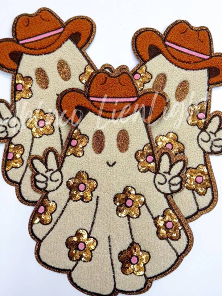 Floral Ghost halloween fall glitter chenille iron on patch for wholesale by ABLNco