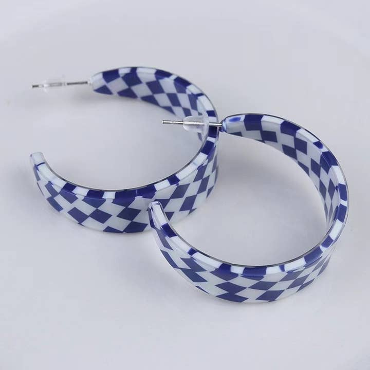 Purple Myrtle - Wholesale Hoop Earrings - Blue and White Checkered Gameday Earrings for Women