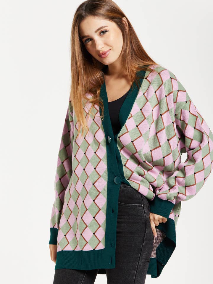 Liquorish Cardigan mit Rautenmuster in Rosa und Grün für den Großhandel von Liquorish