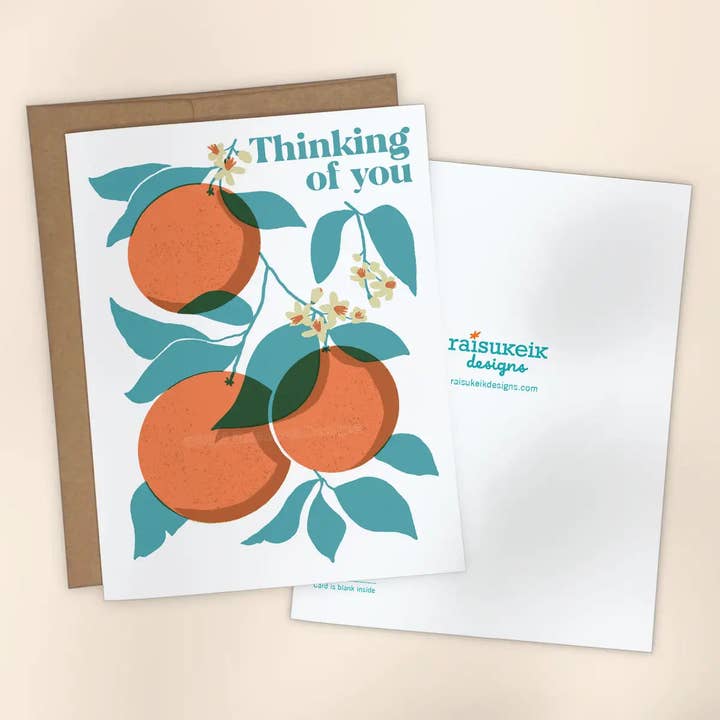 Thinking of You Orange Branch Risograph Greeting Card for wholesale by Oh So Nice Design Co.