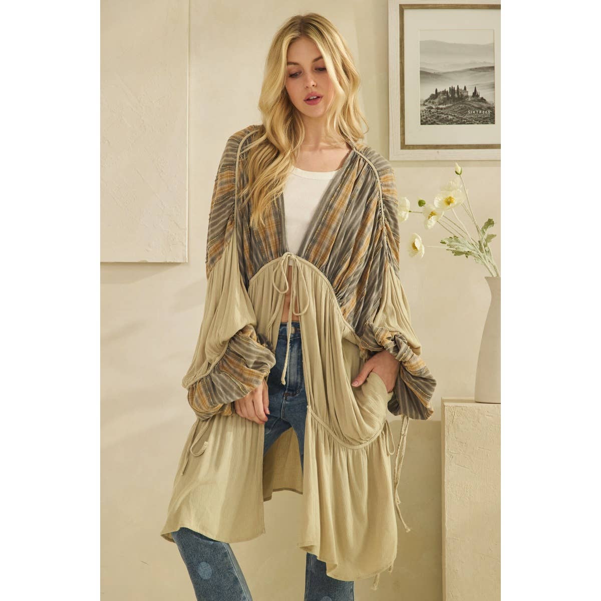 Oli&Hali - Wholesale Cardigan - Women's - WASHED FRONT TIE DRAWSTRING CLOSURE DUSTER0