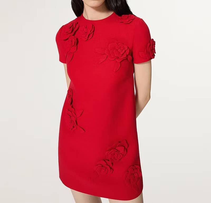 Rød DR330L Chic 3D Blomstret Rød Kjole - Kortærmet Elegance for engroshandel på Faire0